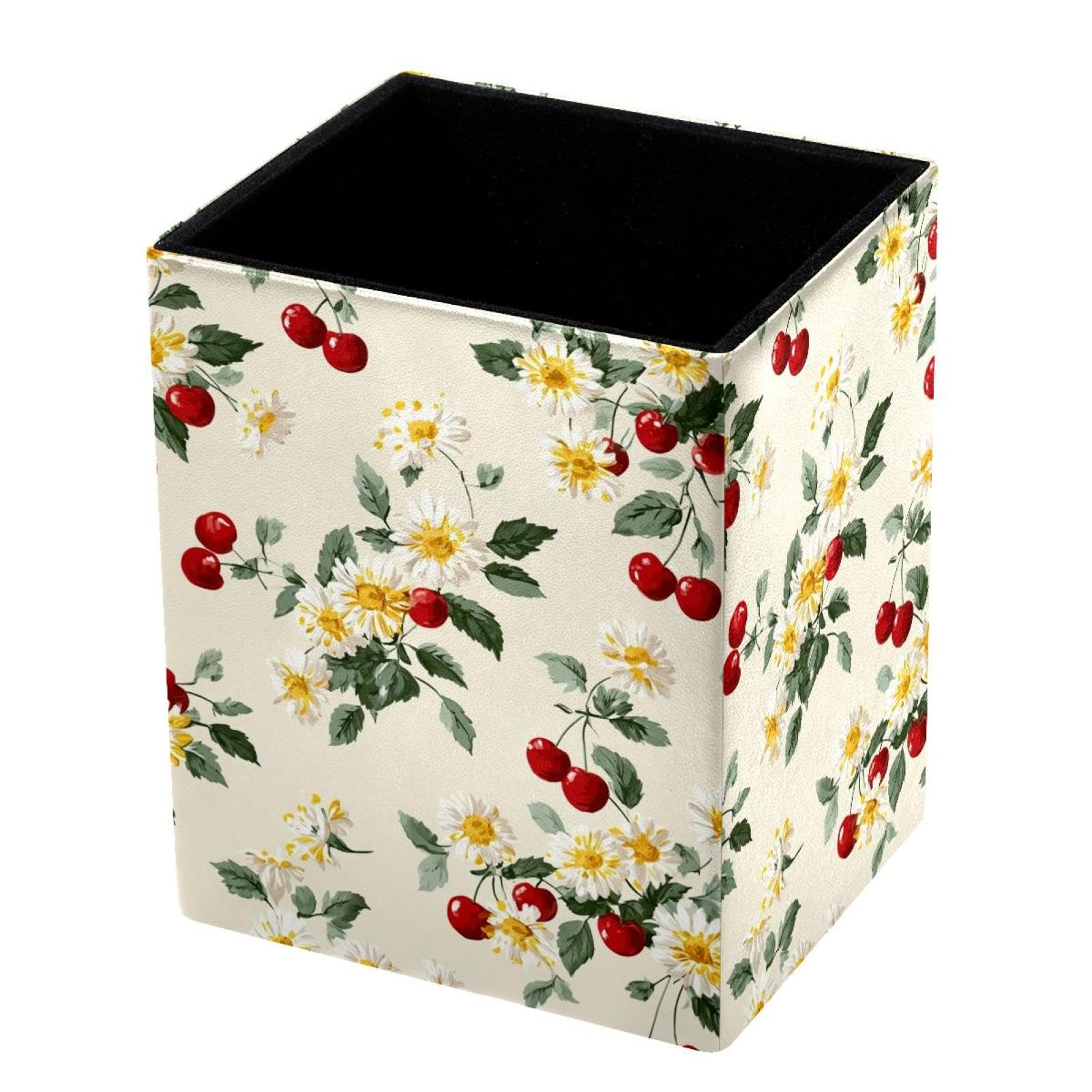 VAPOKF Pencil Holders for Desk, Daisies and Cherries Printed Pen Holders Pen Pot Makeup Brushes Storage Desktop Stationery Supplies Organiser for Home Office