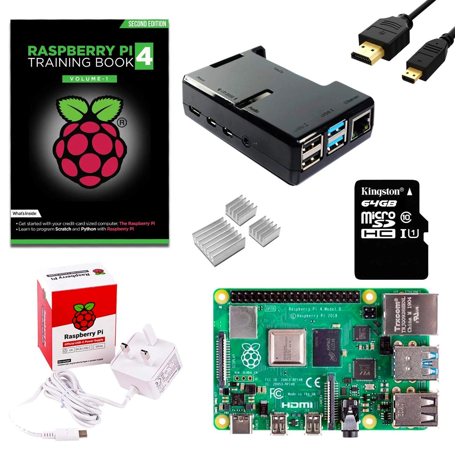 sb components Raspberry Pi 4 Starter Kit (Raspberry Pi 4 Modello B 2GB, Nero Protezione Accesso a tutte le porte, Alimentatore, Cavo Micro HDMI e Scheda MicroSD da 64 GB)