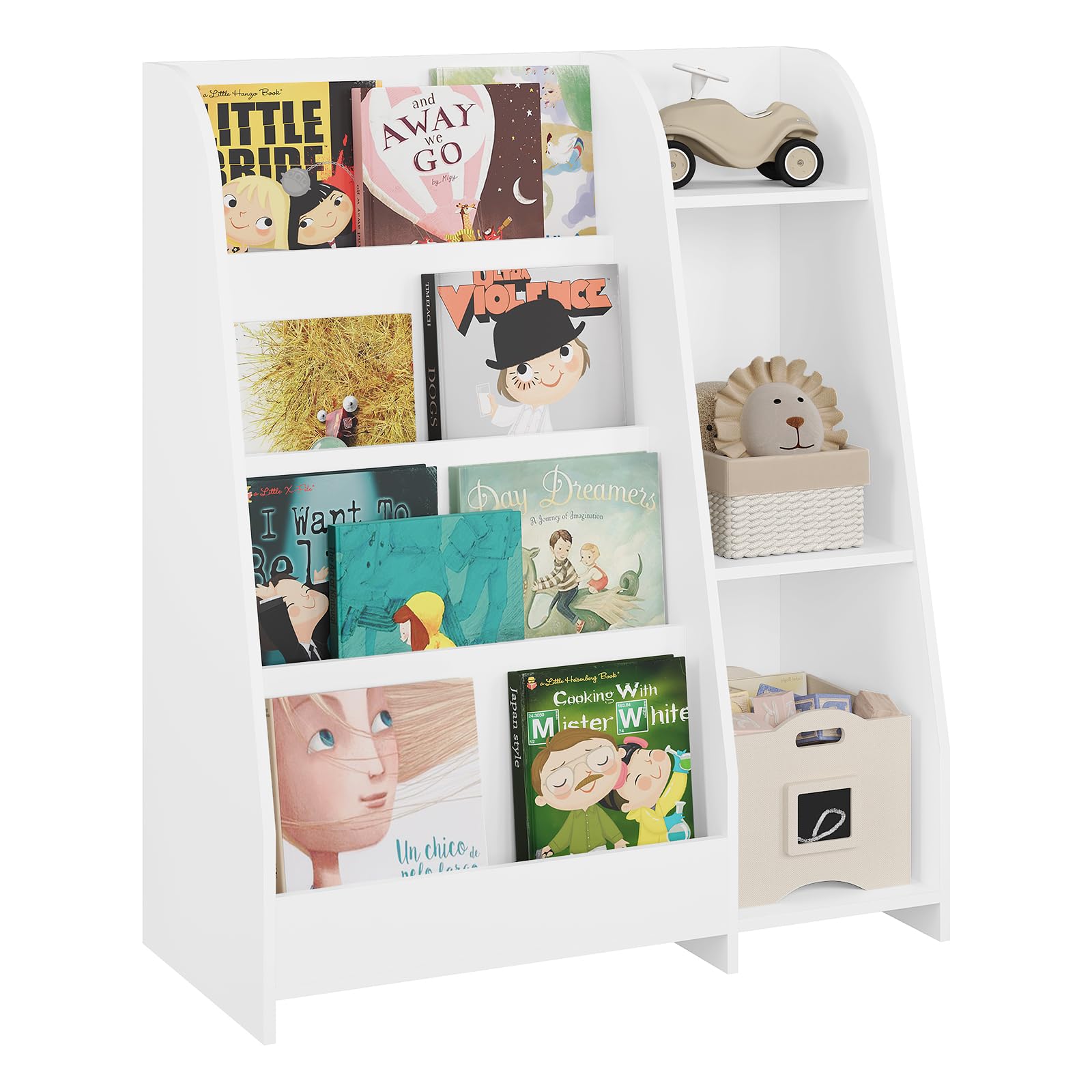 Lestarain Bücherregal Kinder, Montessori Kinderregal, Spielzeugregal, mit 4 Regalebenen und 3 Fächern, offenes Standregal Aufbewahrungsregal, für Kinderzimmer Spielzimmer, Weiß, 75x90x34,5 cm