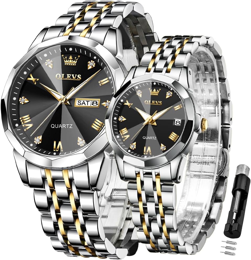 Valentines Couple Pair Quartz Watches Luminous Calendar Date Window 3ATM Waterproof, Casual Stainless Steel His and Hers Wristwatch for Men Women Lovers Wedding Romantic Gifts Set of 2