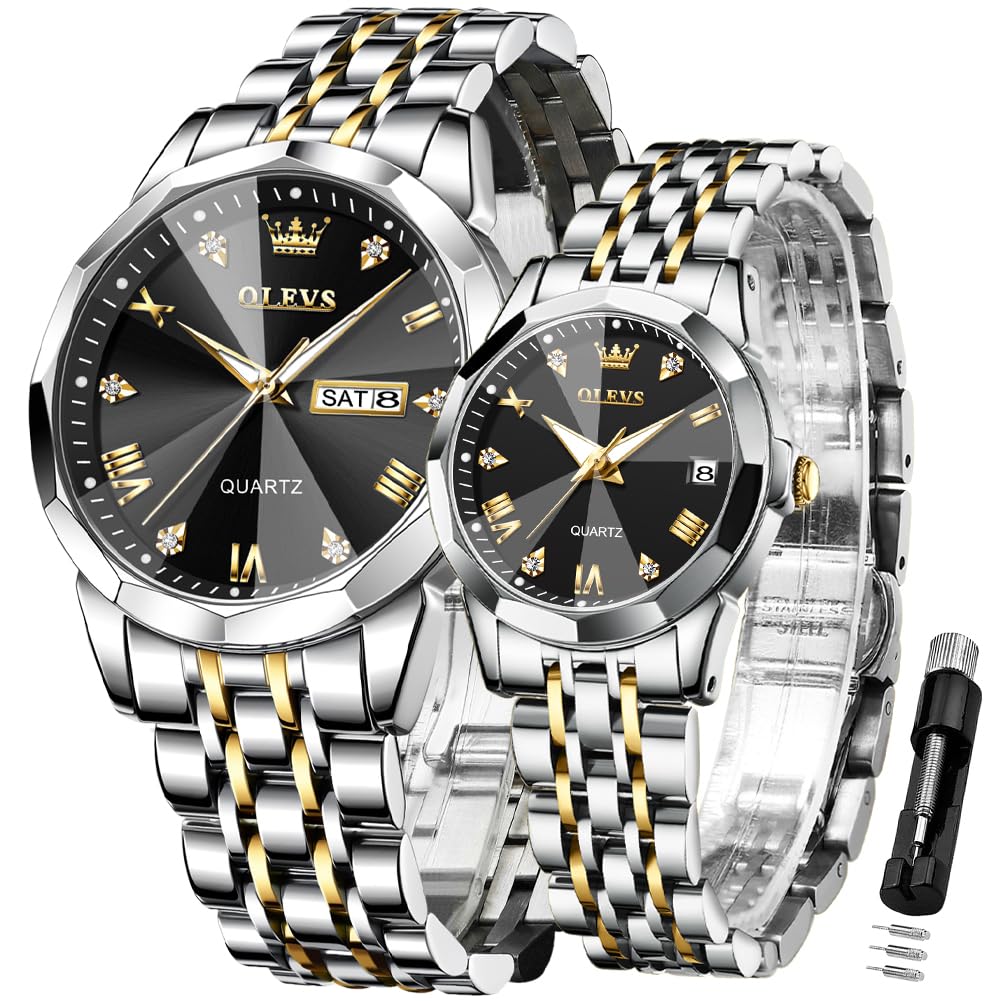 OLEVS Valentines Couple Pair Quartz Watches Luminous Calendar Date Window 3ATM Waterproof, Casual Stainless Steel His and Hers Wristwatch for Men Women Lovers Wedding Romantic Gifts Set of 2