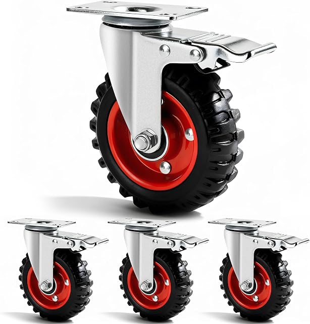 5 Roues de roulette pivotante de pouce avec double verrouillage de sécurité et roues de pneus en caoutchouc, poids lourd - 350 Lbs par roulette pour Workbench, chariot, trolley, dolly, armoire, roulettes en caoutchouc compact, 4-Packs
