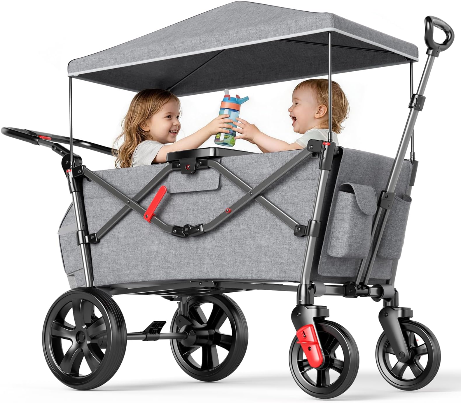 Wagon for Kids to Sit in, Stroller Wagon for 2 Kids with Removable Canopy, Pull Along with Seats 5-Point Harnesses, Portable Push Pull Cart with Adjustable Handle Bar
