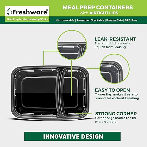 Miniatura 5 de Freshware Contenedores de preparación de comidas paquete de 50 2 compartimentos con tapas, contenedores de almacenamiento de alimentos, caja Bento,