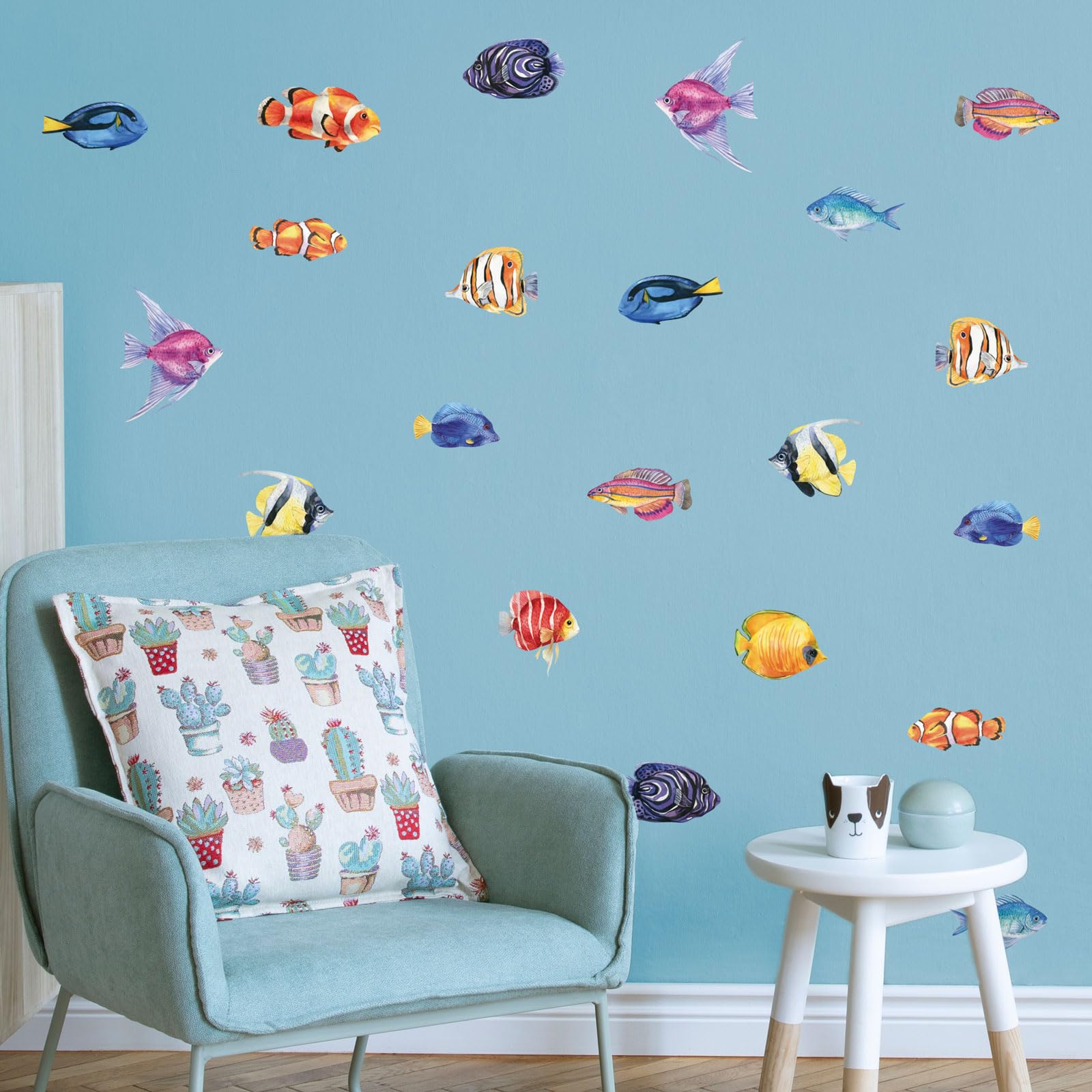 Bright Watercolour Fish Wall Stickers – Vibrant Underwater Wall Decals for Kids Room, Easy to Apply & Removable, Ocean-Themed Décor