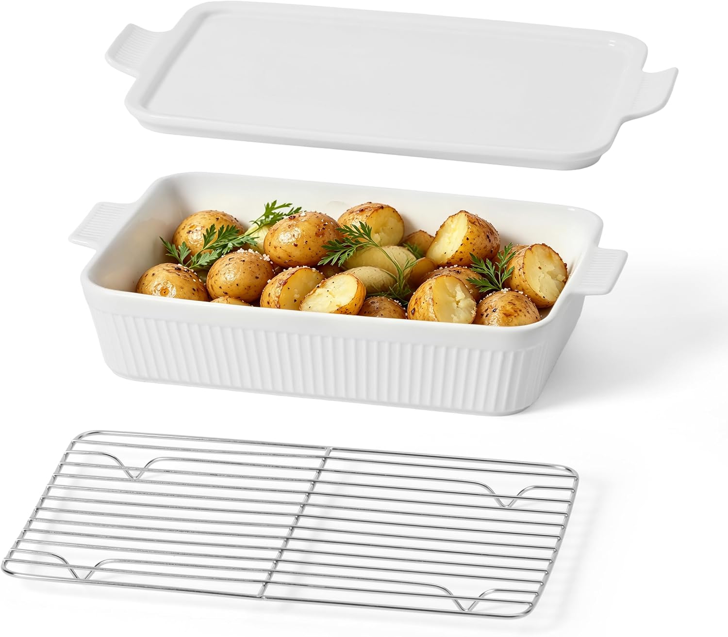 Frewinky 9x13 Ceramic Baking Dish with Lid and Roasting Rack, White
