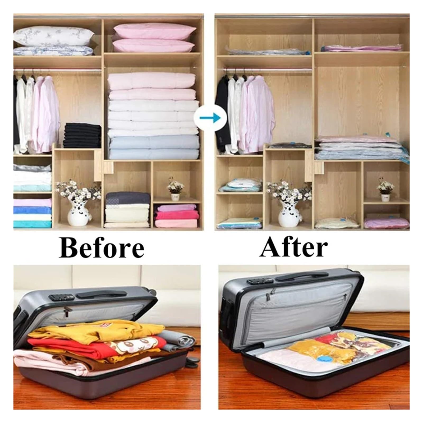 Vakuumbeutel Sparen Sie Platz, Vakuumbeutel-Sets, Kompressions-Aufbewahrungsbeutel mit Handpumpe, Heim-Organizer for Kleidung, Kissen, Bettwäsche(Only 6pack Bags,80x100cm)