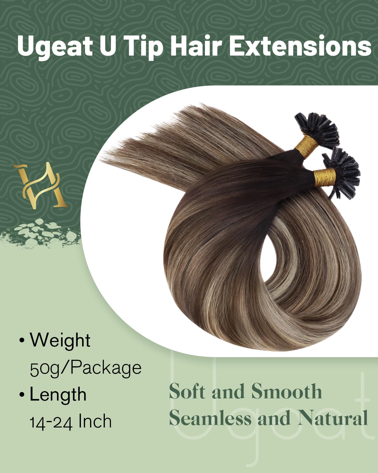Ugeat Przedłużanie Włosów Keratyna Utip, Włosy Ludzkie, Balayage Ciemny Brąz, 35cm 50 sztuk 50g, Przedłużanie Włosów U Tip Popielaty Brąz, Remy Naturalne Proste