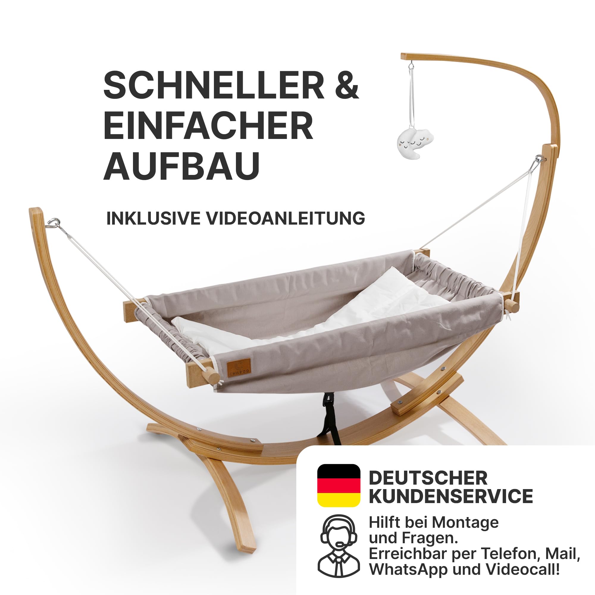 Baby Hängematte [QuickFix-Schlaufe] Babywiege Babybett Federwiege mit Gestell Kinderschaukel Babywippe für Kinderzimmer, Esszimmer, Wohnzimmer | Grau