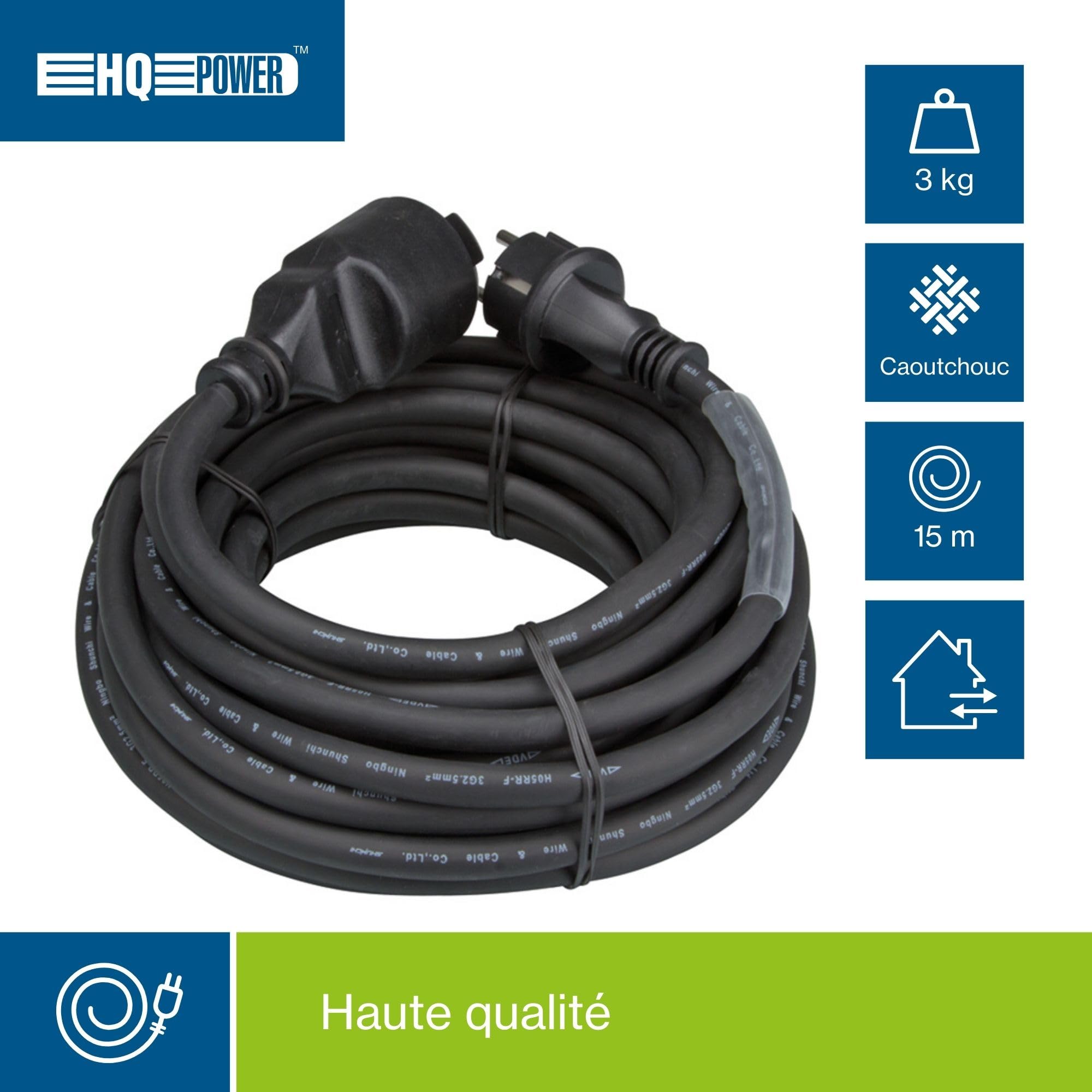 HQ-Power Rallonge, avec gaine rétractile, H05RR-F 3G2.5, 15 m, 16 A/230 V, 3680 W, type E/F, IP44, caoutchouc, noir