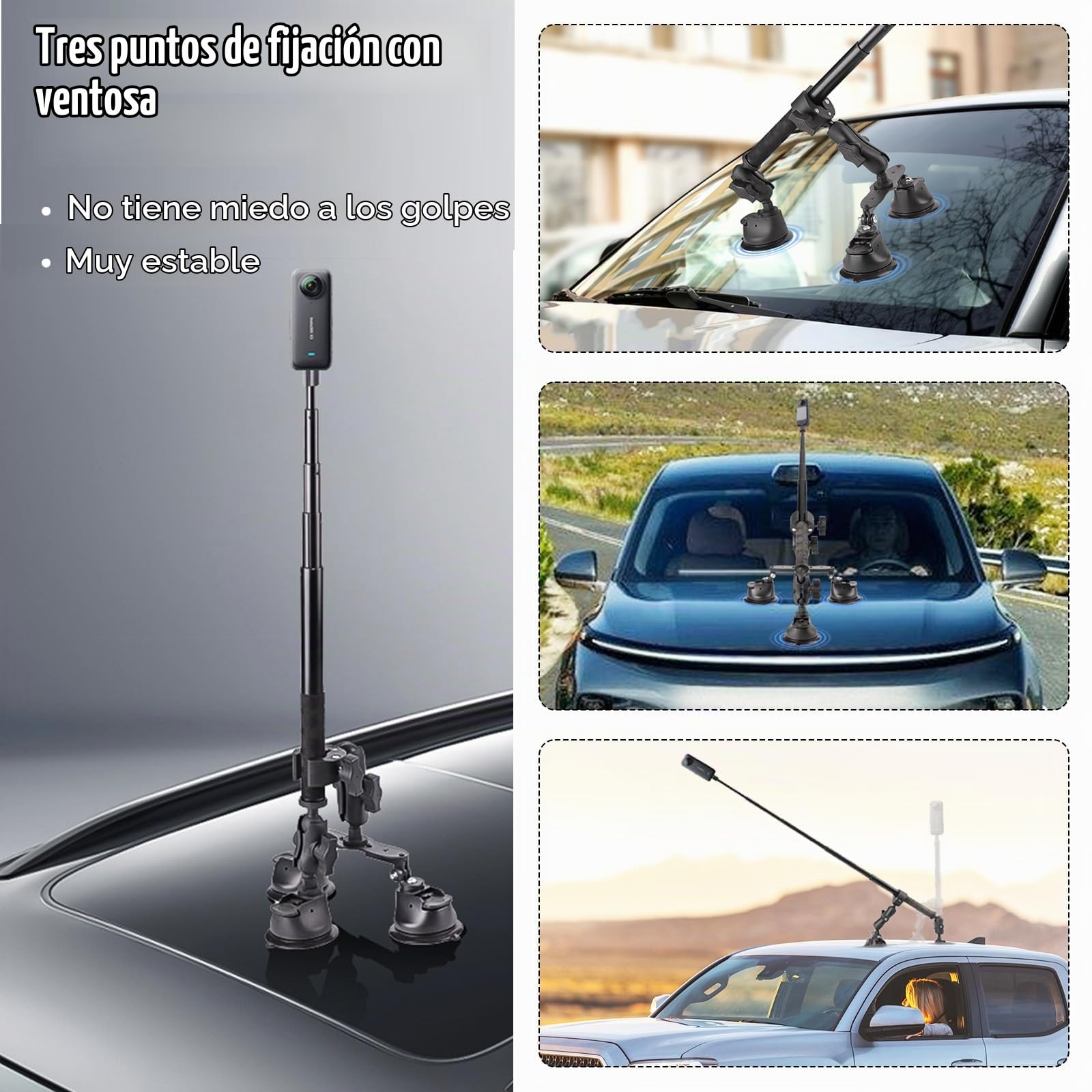 Juego De Soporte para Coche con Triple Ventosa, Soporte para Coche con Triple Ventosa Y Abrazadera para Cámara De AccióN Insta360 Gopro Akaso, Soporte para CáMara con Brazo MáGico Y Palo
