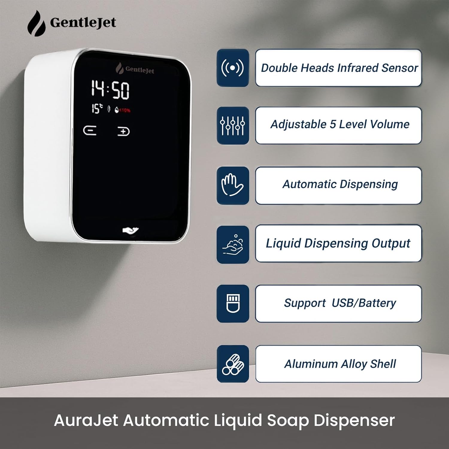 AuraJet Automatic Liquid Soap Dispenser Wall Mount, Touchless Motion Sensor, Digital LED Display, Aluminum Alloy Body, 5 Adjustable Output Levels, USB or Battery Powered, 16.2 oz - Image 2