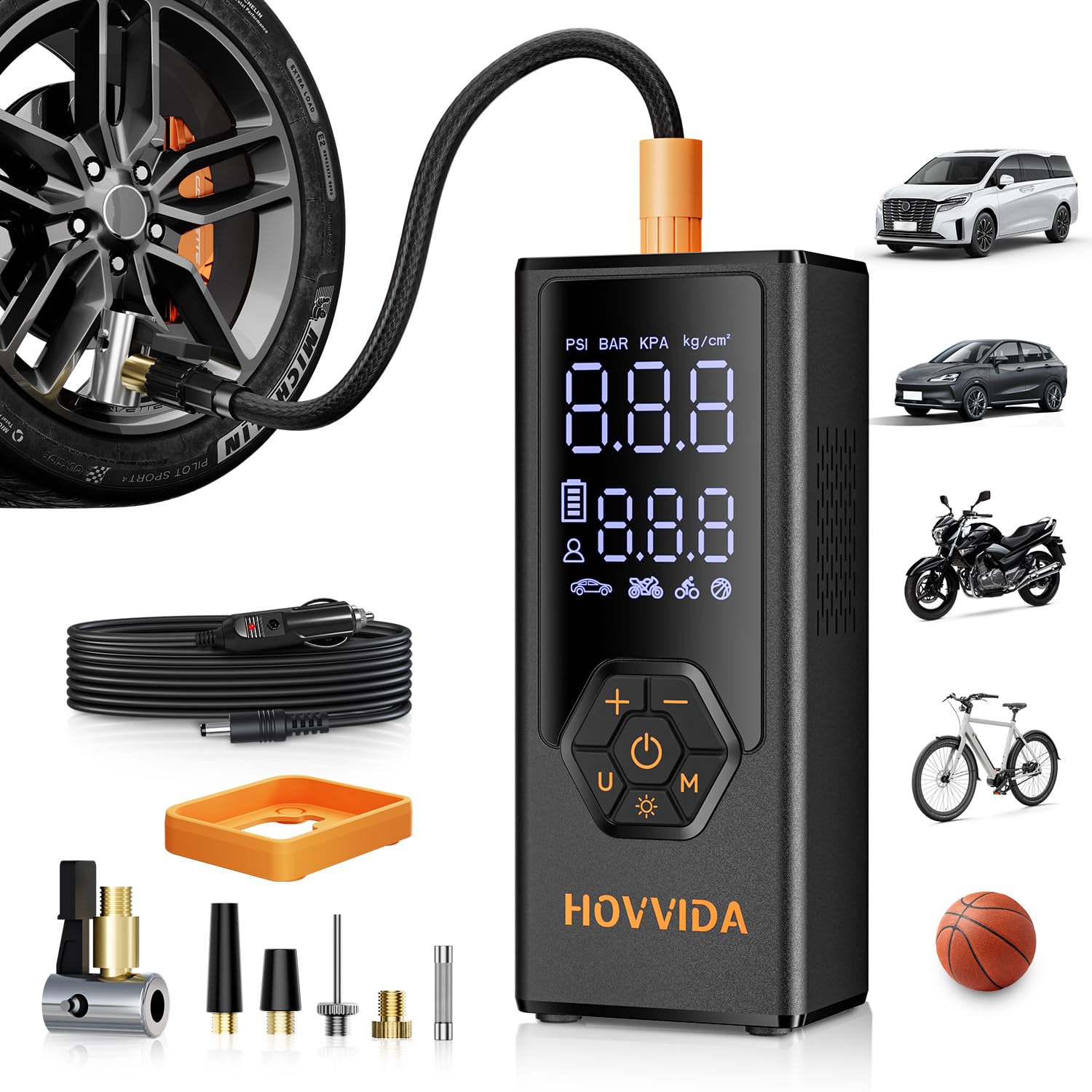 HOVVIDA Compresor de Aire portátil inflador de neumáticos de Coche, batería de 7800 mAh, 12 V CC, 150 PSI, Flujo de Aire de 40 l/min, inflado rápido, Bomba portátil para MPV, SUV, Coche, Motocicleta