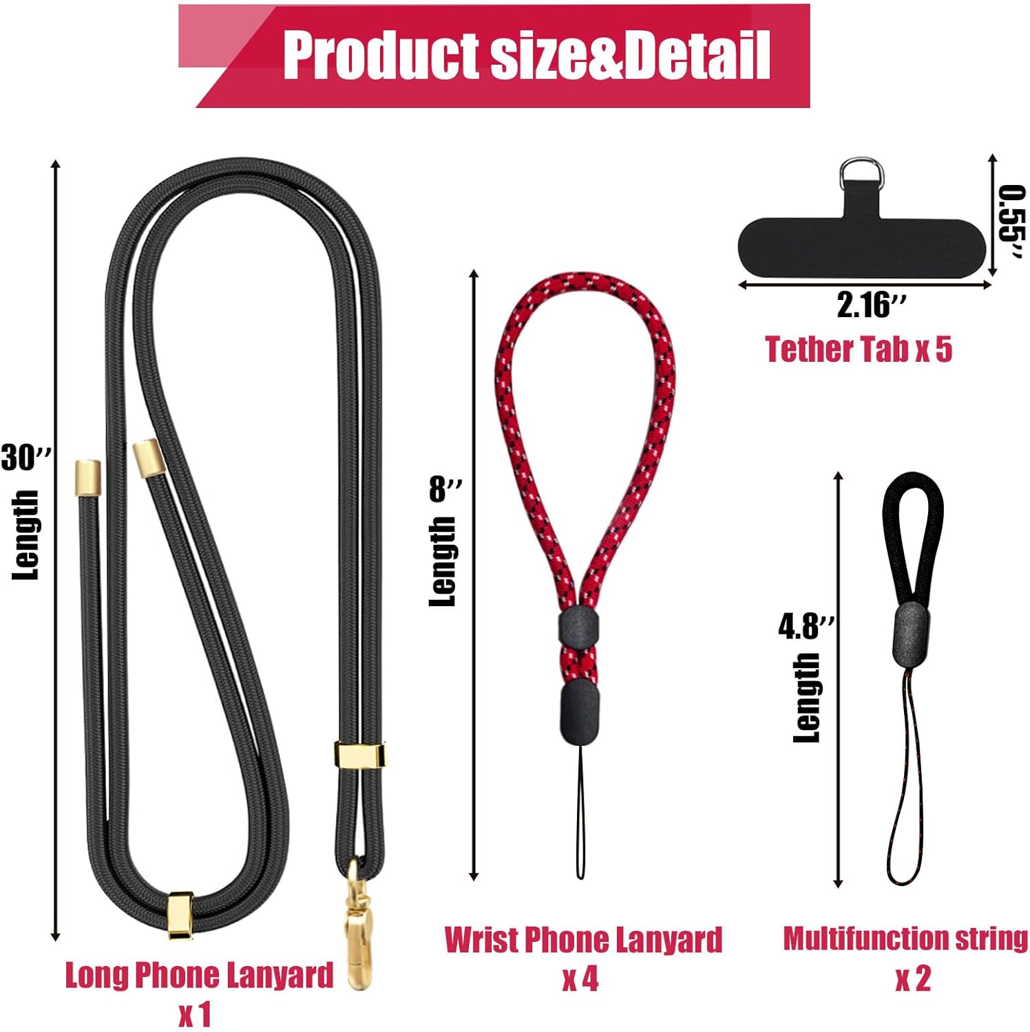 Phone Lanyard Crossbody, 30" Adjustable Neck Strap, 8" Wrist Straps, Small Finger Strings with Universal Phone Patch, Anti-Theft Solution for Men and Women, Indoor/Outdoor Use, Case Friendly - Image 5