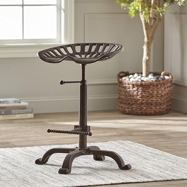HomeZone Brown Cast Iron Vintage Industrial Bar Stool Rustic Swivel Tractor Seat Shabby Chic Metal Barstool Adjustable Height and Vintage Bar Pub Seating for Home, Kitchen, Outdoor, Decking