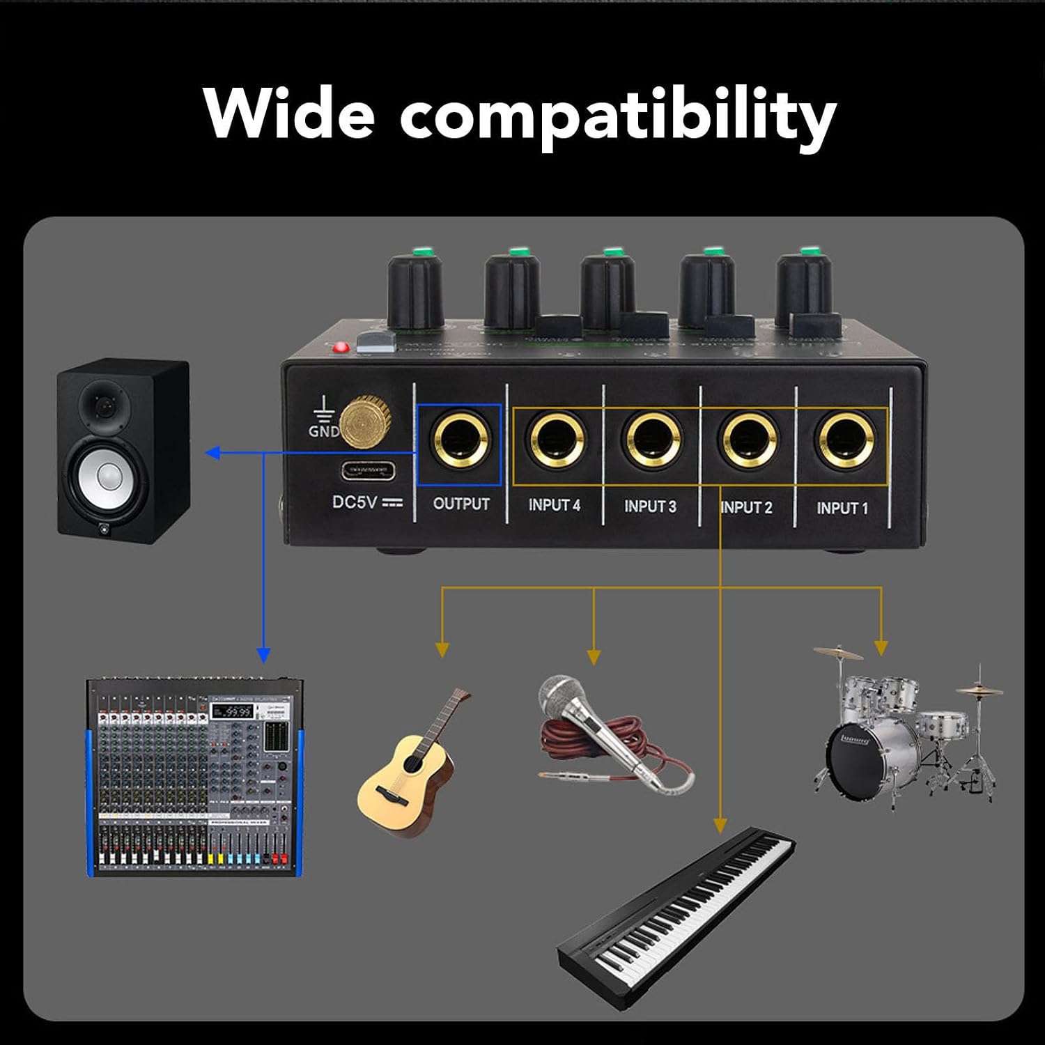 4 Channel Stereo Sound Mixer, Type C DC5V Low Noise 1/4in Input Output Mini Audio Mixer for Guitars Bass Keyboards Small Clubs Bars