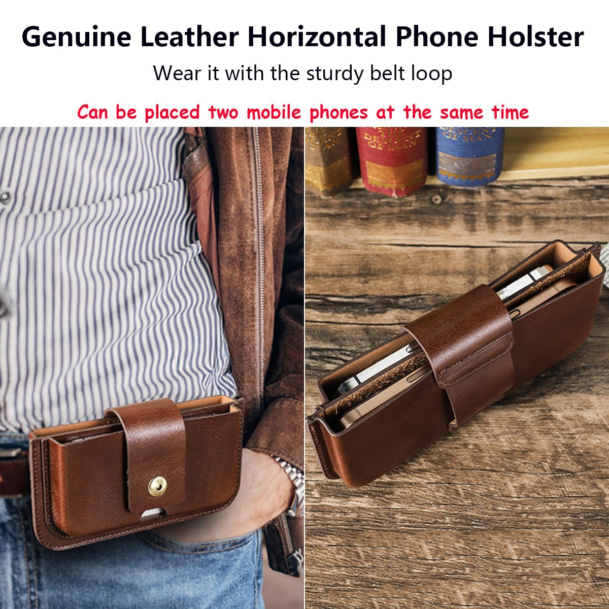 Herren Echtleder Handy Holster Gürteltasche, Handgefertigte 6.1/6.9 Zoll Dual Pocket Handy Gürtelholster, Kompakte Horizontale Handyholster Tragetasche für iPhone 16 15 14 Plus 13 12 Pro Max Coffee