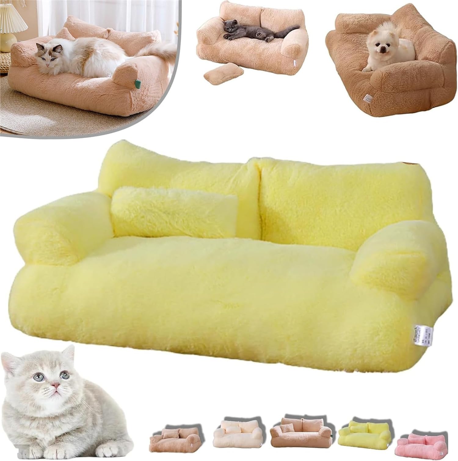 Calming Pet Sofa,2024 New Calming Pet Sofa Slicier,Calming Dog Bed Fluffy Plush Pet Sofa,Soft Calming Cat Sofa Beds,Memory Foam Pet Orthopedic Dog Bed,with Removable Washable Cover (M, Yellow)