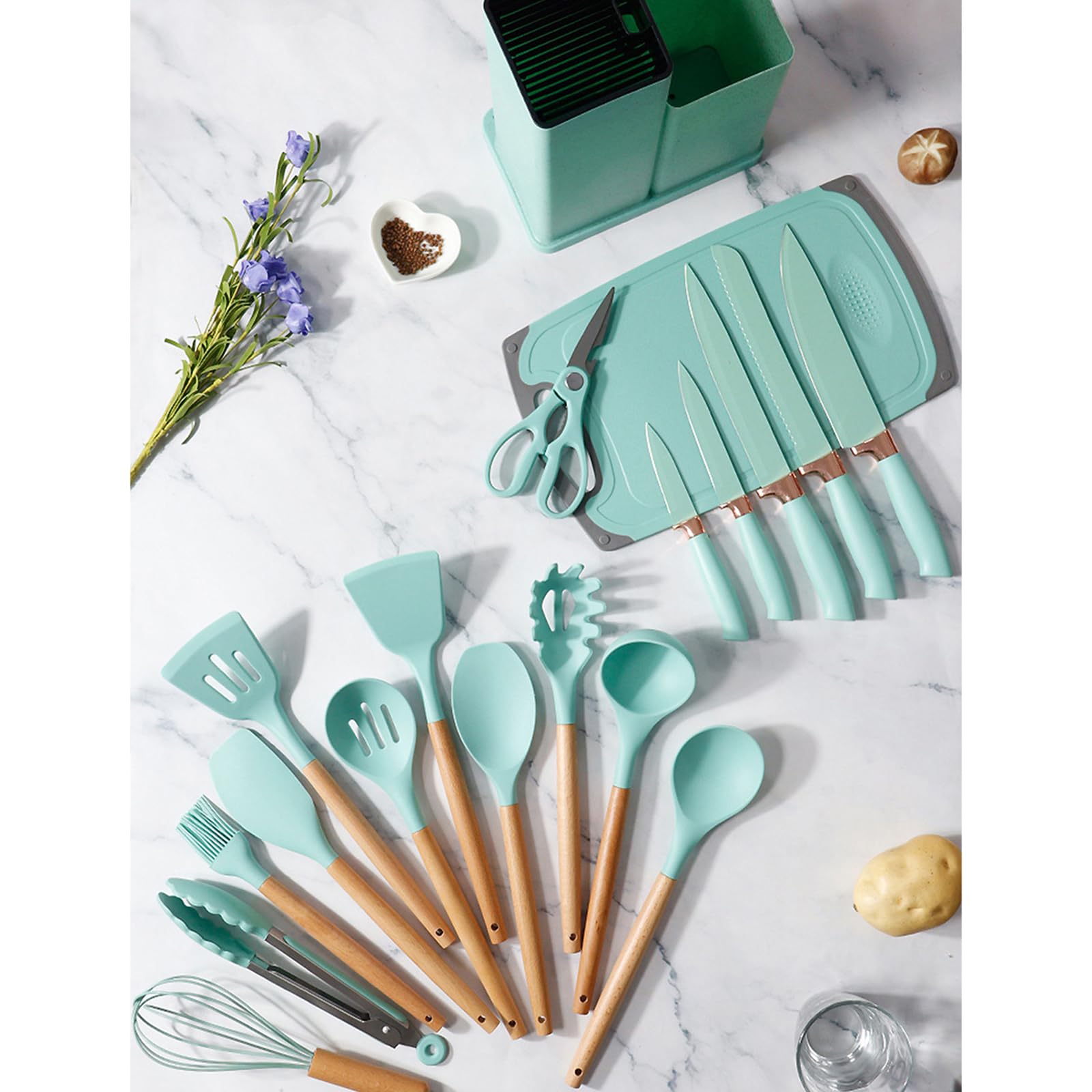 Set di 15 utensili da cucina in silicone, resistenti al calore, con