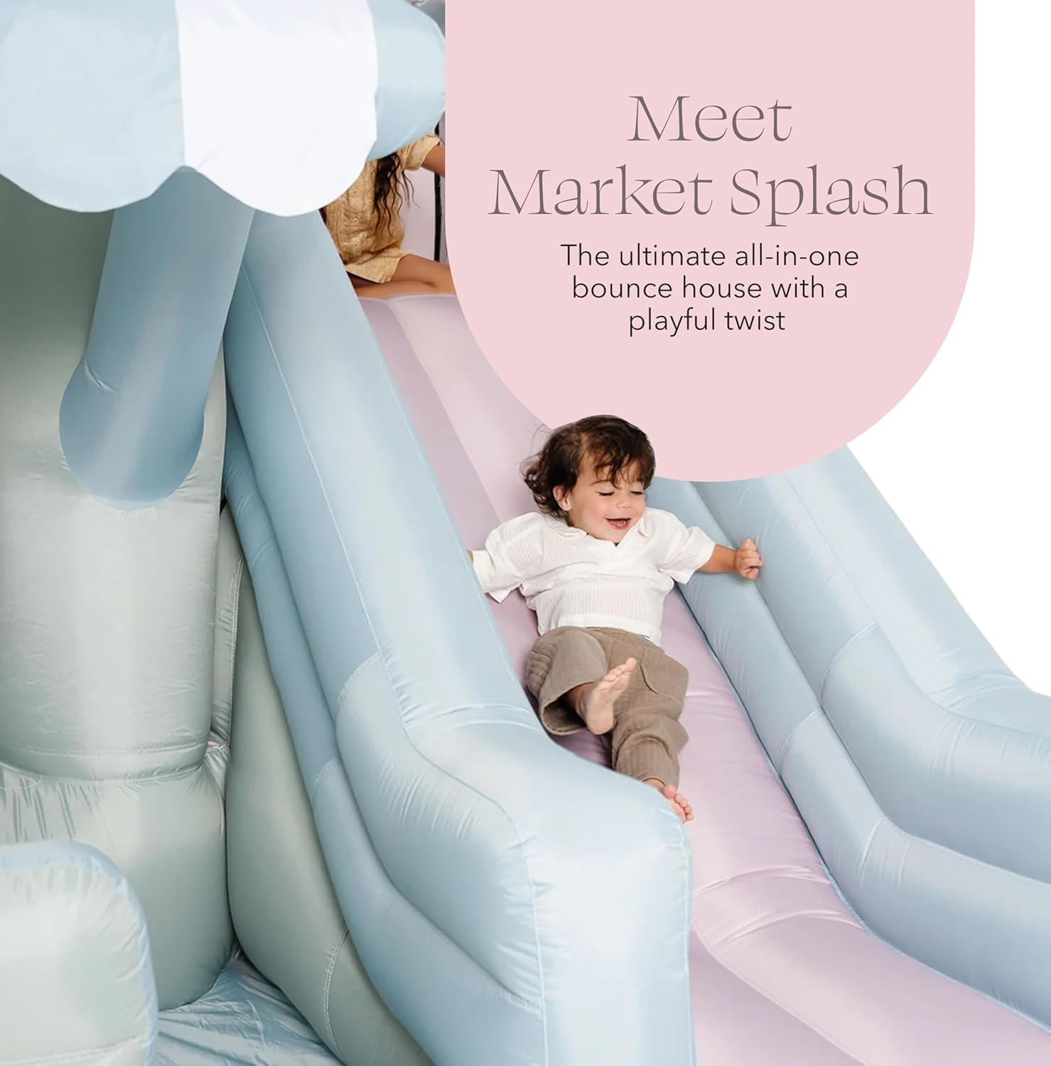 PLAYSMOL Market Splash Water Slide Bounce House, Inflatable Water Slide with Climbing Wall & Sprinkler, Features Market Counter for Pretend Play, Ages 3-8