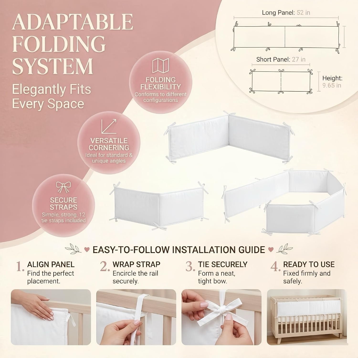 4 Pack Crib Rail Cover Sets, Full Surround Mesh Crib Rail Padding & Crib Teething Guard Rail Cover with Tie Straps, Foldable Crib Border Padding for Floor Beds, Stair Railings & Play Areas (white)