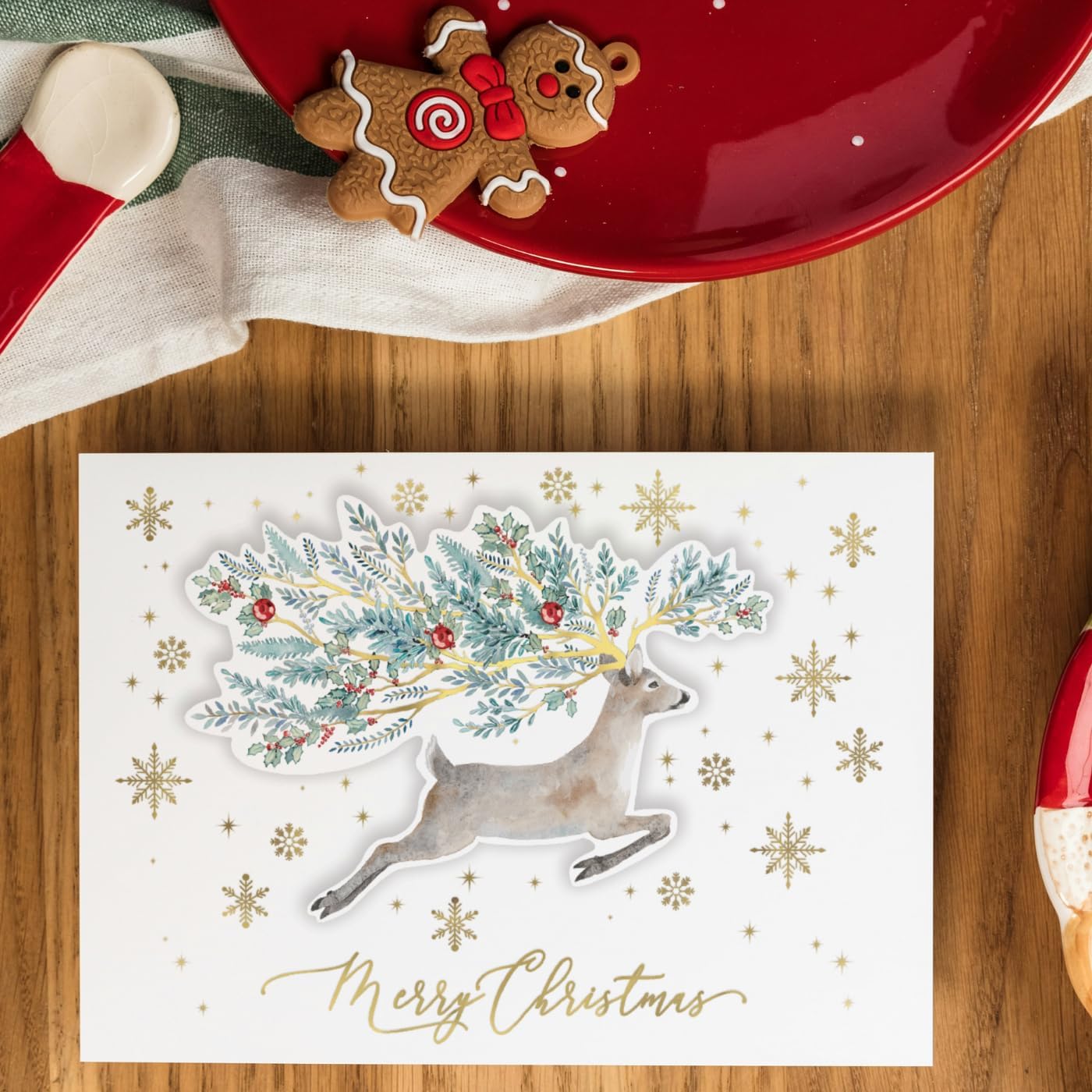 Punch Studio Winter Greens Deer Dimensional Holiday Boxed Cards Featuring 12 Embellished Cards and Envelopes (45428), multi
