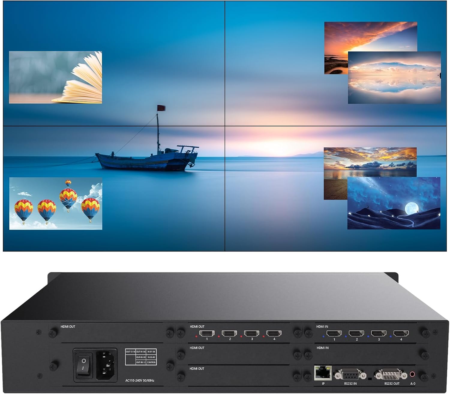 ICUIXAIN 4x4 Seamless HDMI Matrix Multi-View Video Wall Controller 2x2 PIP, Rs232-Web Control, EDID, RGB4:4:4, 4 Input 4 Output HDMI Matrix Video Wall, Card-Insertion Design, Overlay-Window-Roaming