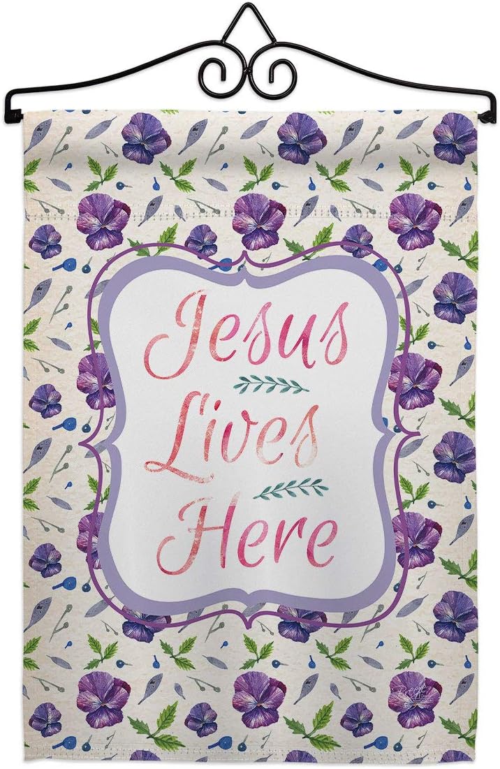 Jesus Lives Here Garden Flag Set Wall Hanger Religious Bible Verses Bless Faith Thank Hope Pray Christian Religion Small Decorative Gift Yard House Banner Made In USA 13 X 18.5