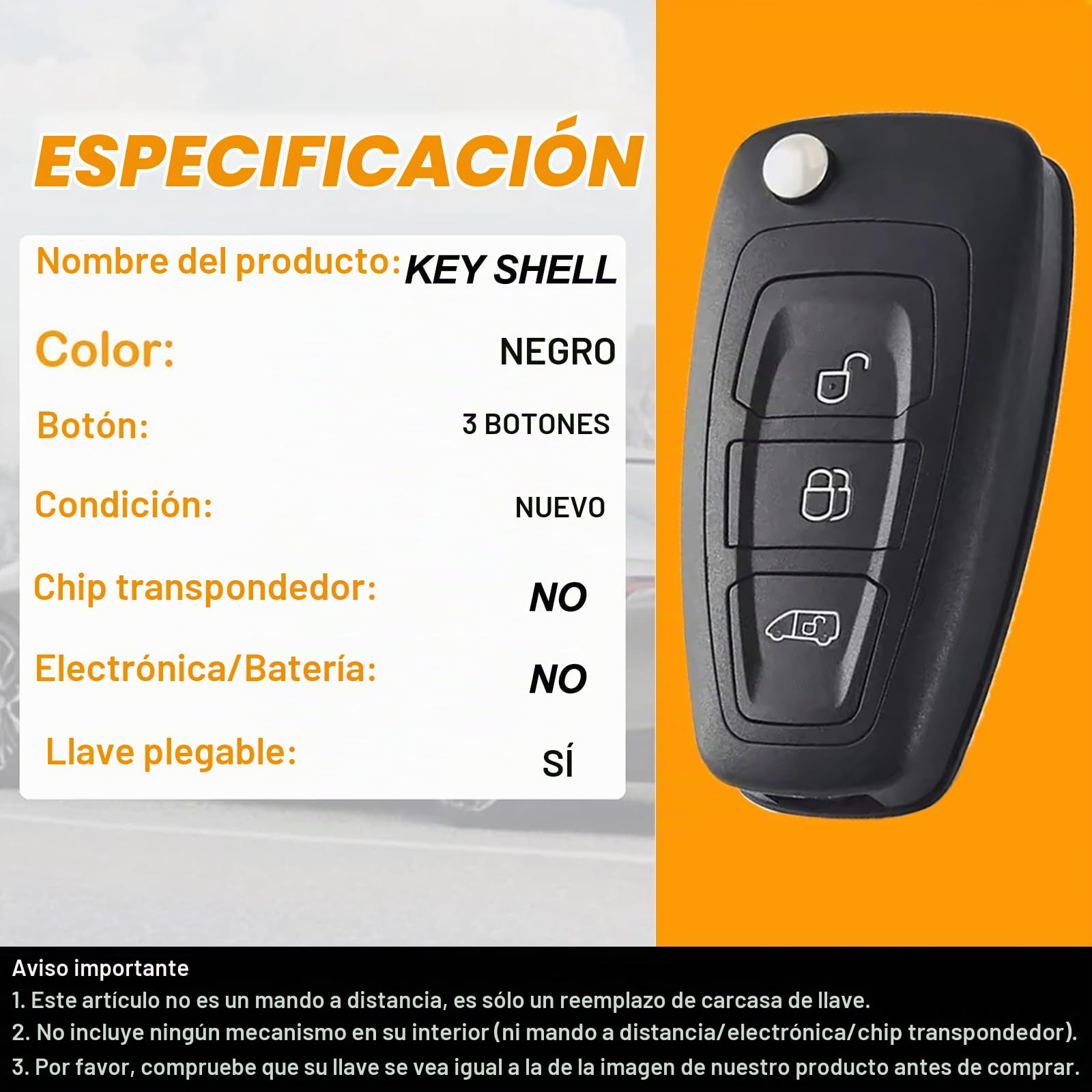 Ford - Llavero remoto plegable de 3 botones con hoja HU101 | Compatible con Ford Tourneo/Transit Custom/Connect Transit MK8 VAN, carcasa de llave inteligente