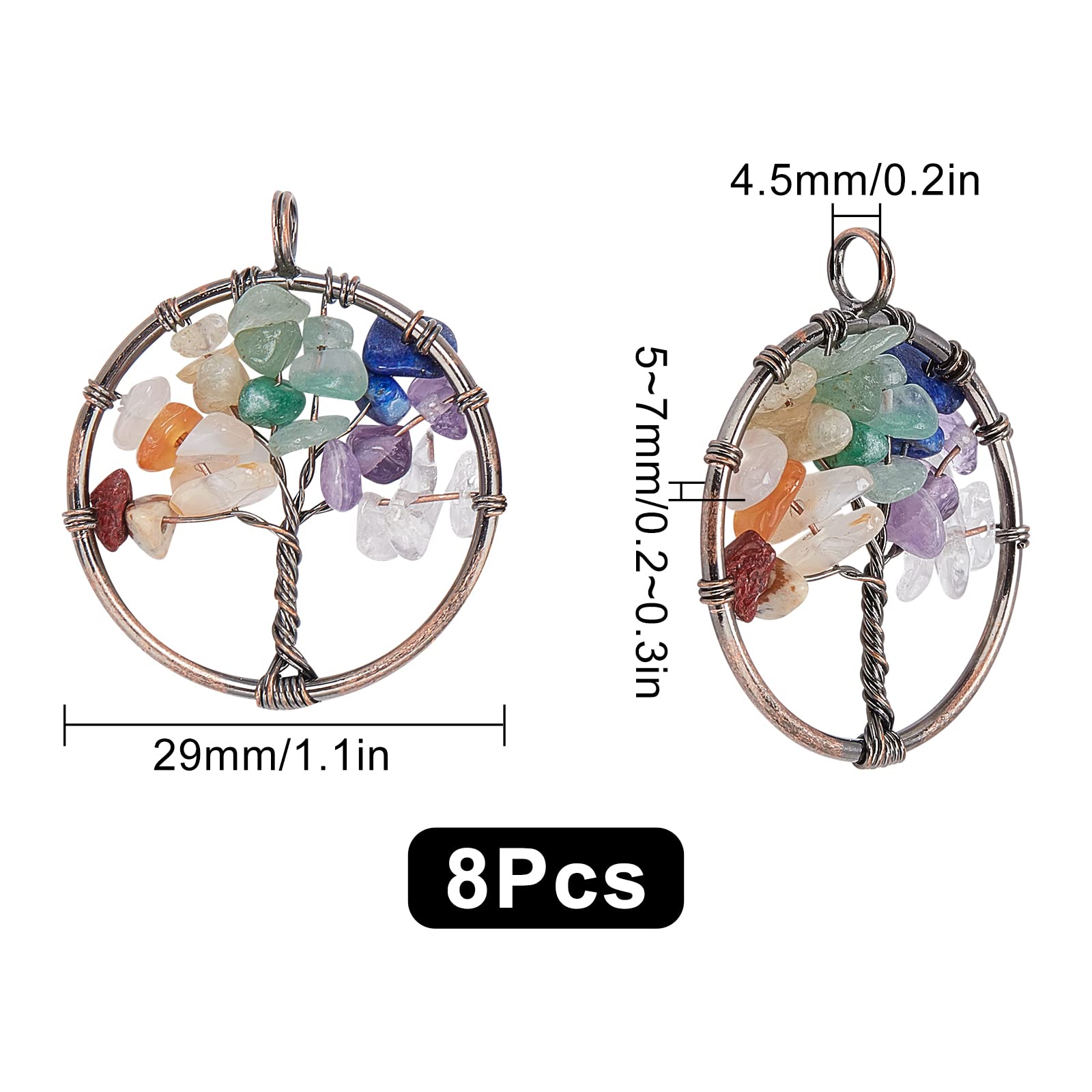 SUNNYCLUE 8Pcs Tree Life Pendant Quartz Crystal Gemstone Pendant Flat Round with Tree of Life Charm Pendants Findings Hole for Jewelry Bracelet Chakra Necklace Making Red Copper - Image 2