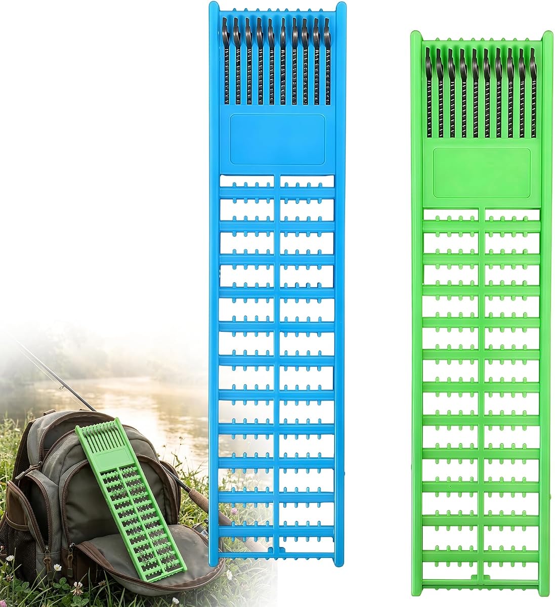 2 Pack Fishing Hook Holder with Double Side Spring, Plastic Line Organizer for Snelled Hooks and Leaders, Blue and Green