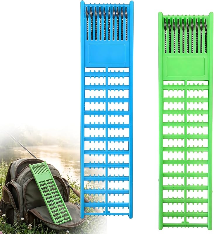 2 Pack Fishing Hook Holder with Double Side Spring, Plastic Line Organizer for Snelled Hooks and Leaders, Blue and Green