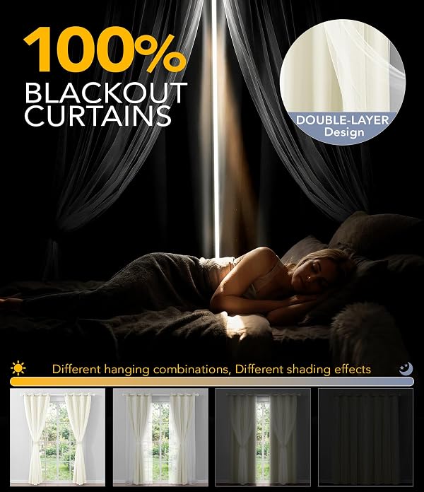 TopNaps 100% Blackout Curtains with Sheer Overlay, 2 Panels Thermal Insulated Double Layer Grommet Drapes for Girls Bedroom Living Room Darkening Apartment Windows Decor, 52" W x 84" L, Beige by TopNaps - Image 2