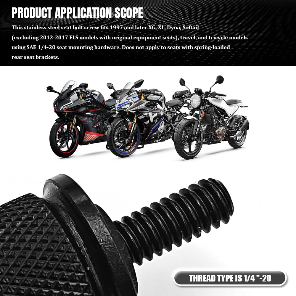 Motorcycle Stainless Knurled Fender Rear Seat Bolt Screw 1/4"-20 Thread, Seat Thumb Screw, Touring Sportster Softail Dyna CVO Fatbob Electra Glide Street Glide 1996-2025（ Black）