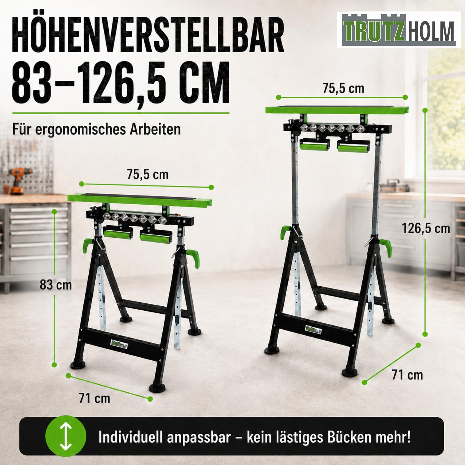 TRUTZHOLM 2x Multifunktions-Arbeitsbock Rollenbock höhenverstellbar Klappbock V-Rollen klappbar 200 kg Werktisch 4in1 platzsparend