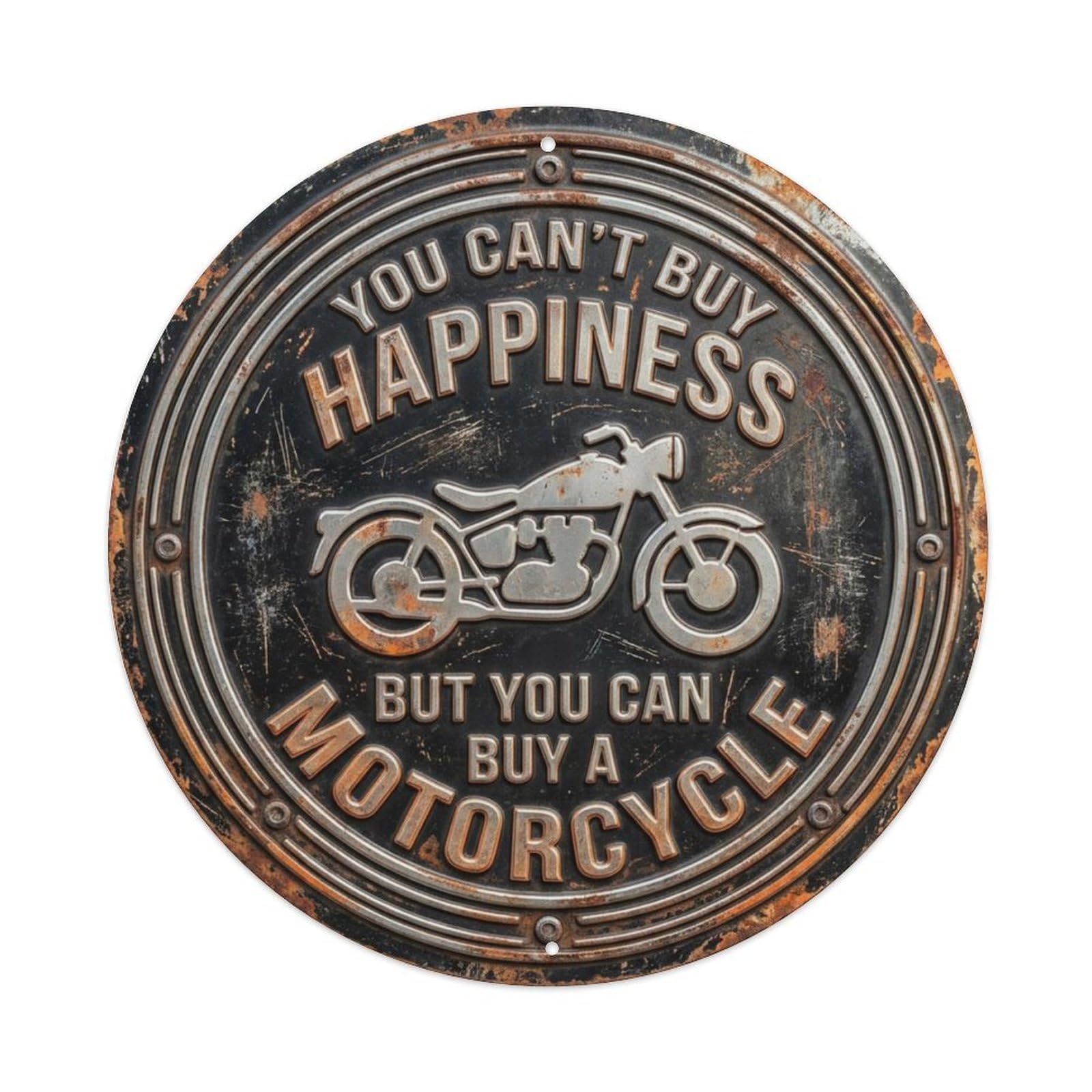 Buy Happiness Buy Motorcycle Vintage Workshop Display Retro Slogans Vintage Metal Tin Sign Plaque Wall Decor for Cafe, Club, Garden Round Metal Poster 8x8Inch
