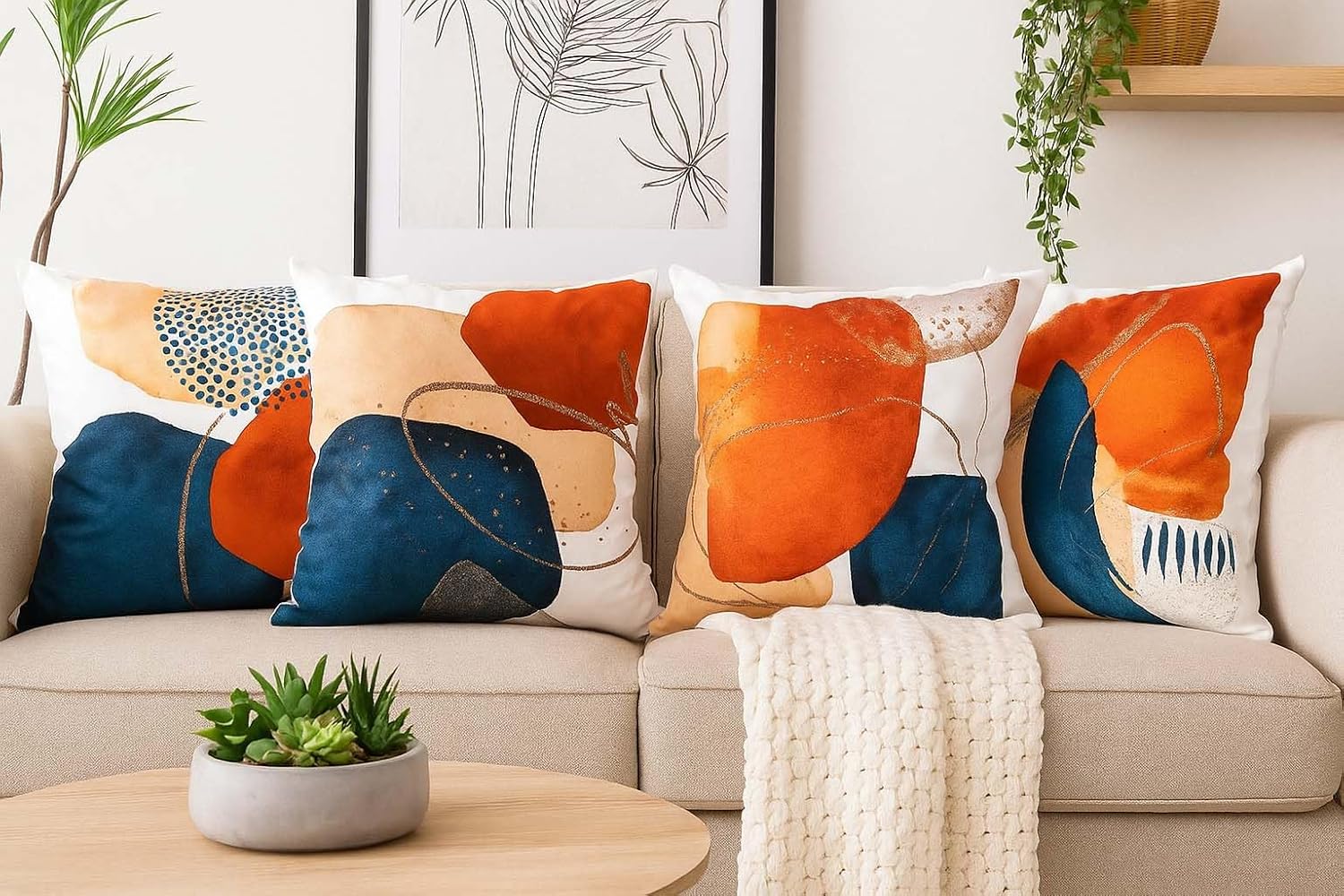 Burnt Orange Throw Pillow Covers 18x18 Set of 4 – Boho Decorative Pillow Cases for Couch Sofa Bedroom, Modern Geometric Abstract Cushion Covers, Navy Blue and Orange Home Decor Accent Pillows - Image 2