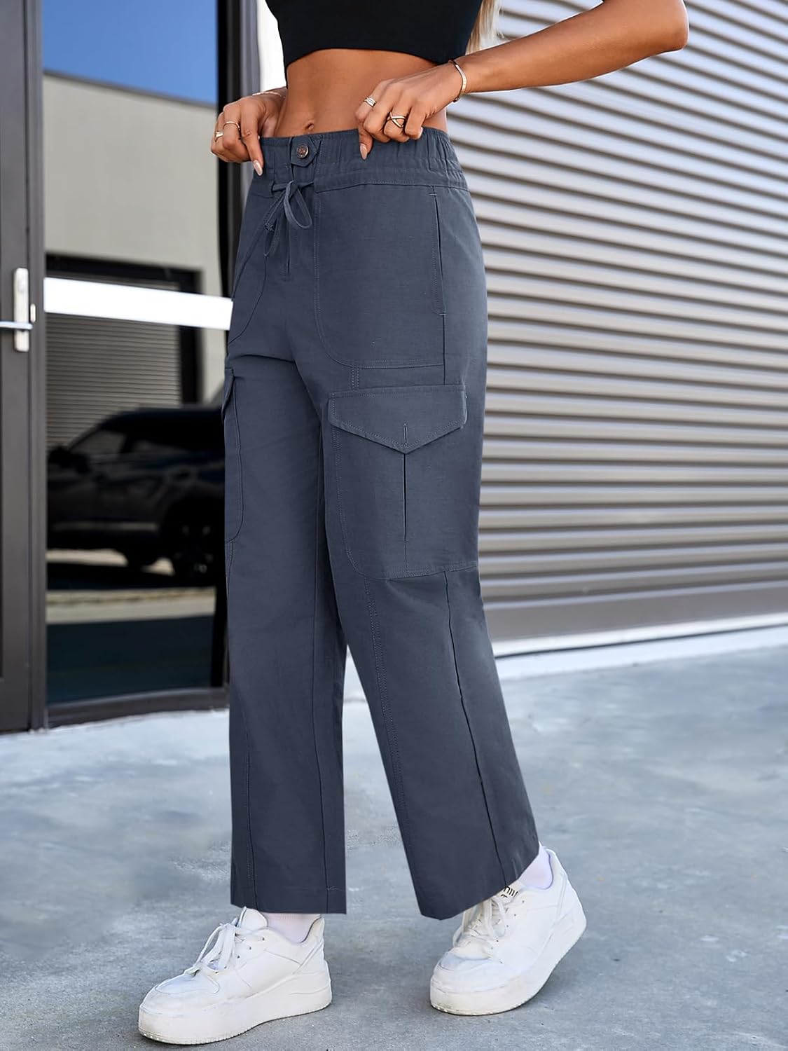 Cicy Bell Womens Cotton Cargo Pants Low Rise Drawstring Waist Wide Leg Casual Hiking Pants with Multiple Pockets - Image 2