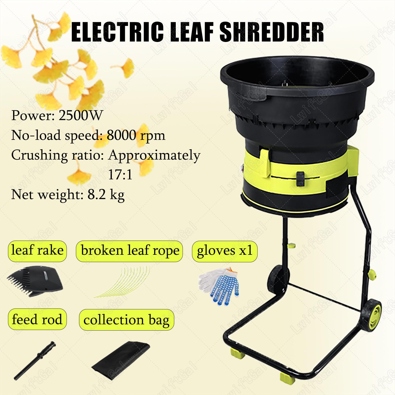 Trituradora de abono de hojas, desfoliador eléctrico de 2500 W, trituradora de jardín de 8000 rpm con ruedas y bolsas de almacenamiento para limpieza de patio