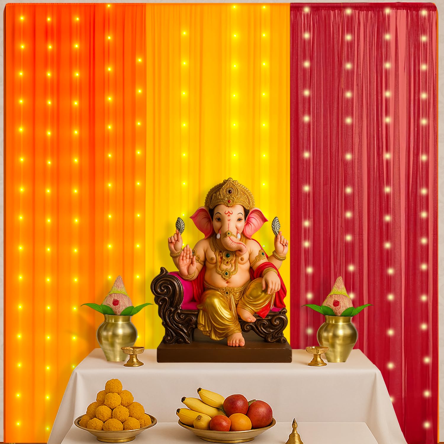 Party Propz Yellow, Orange, Red Backdrop Decorations Set Combo, Haldi Decor, Diwali Decoration for Home Decor, Navratri Decoration Items, Backdrop Cloth for Decorations Pooja (Net Mix Curtain) - Image 7 thumbnail