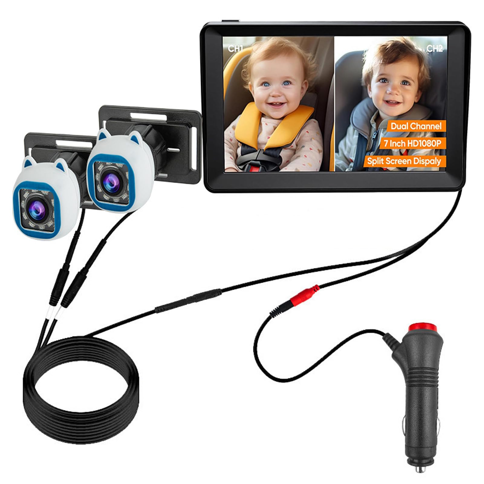 Cámara de Espejo para Automóvil para bebé de 7 Pulgadas, Pantalla IPS HD de 1080P con Rotación de 360 ​​Grados, Visión Gran Angular de 150 y Visión Nocturna, para Monitor de (Azul y Blanco)