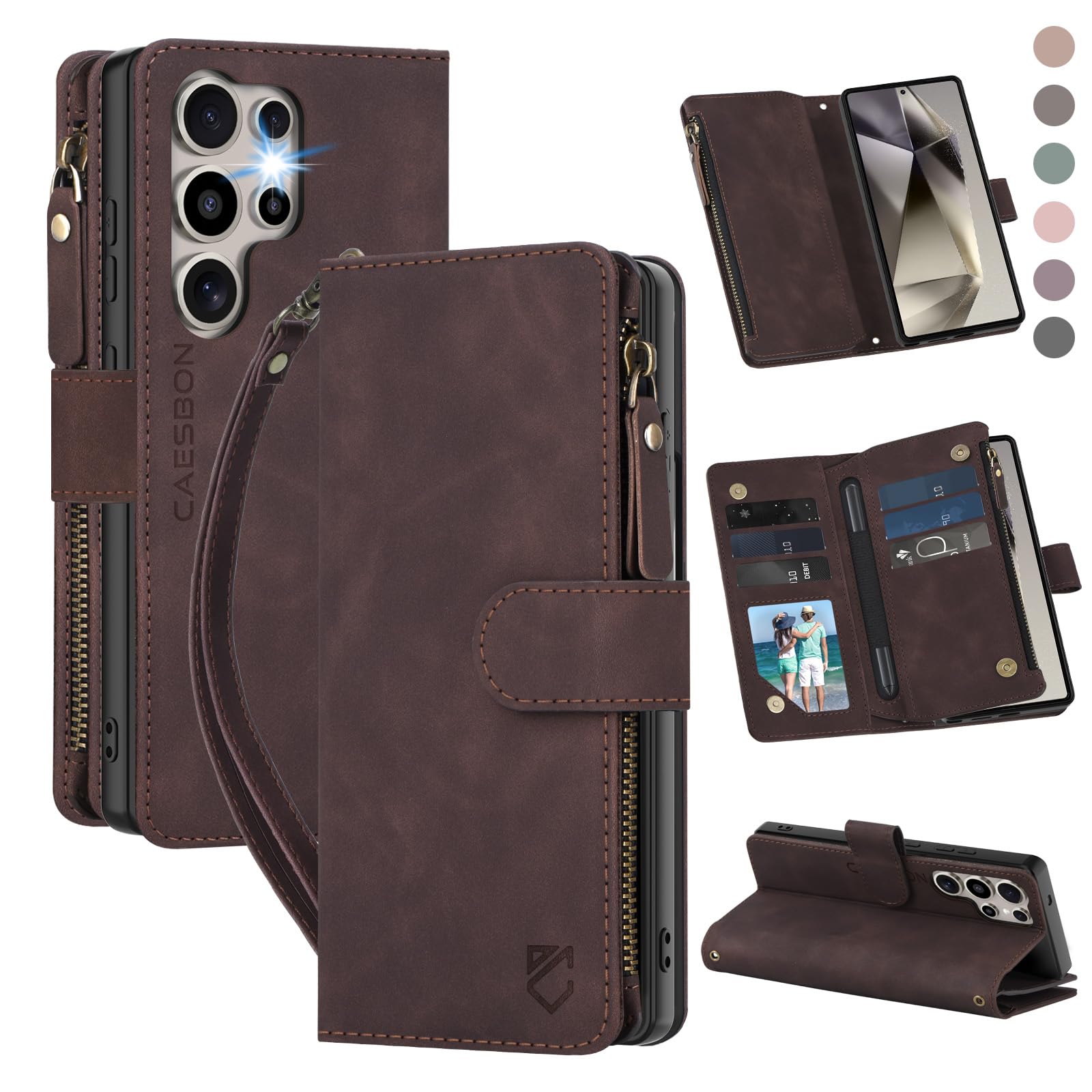 Photo 1 of CAESBON for Samsung Galaxy S24-Ultra-Wallet Case: with RFID Blocking Card Slots (6 Cards) | Soft PU Leather Magnetic Snap Zipper Pocket | Crossbody Wrist Strap Protective Phone Cover - Coffee