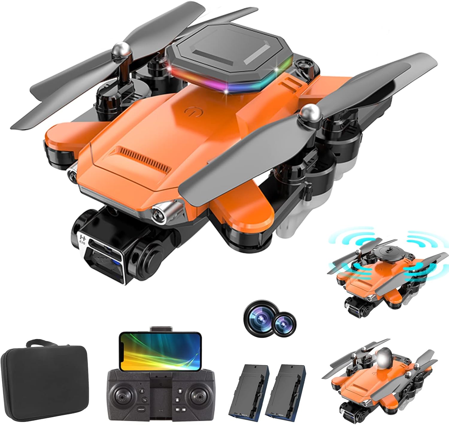 RiskOrb 3 in 1 Drone with 4K Dual Camera for Adults Kids,Strobe Light,360° Obstacle Avoidance,Optical Flow Positioning,RC ESC FPV Camera,Foldable RC Quadcopter,2 Batteries