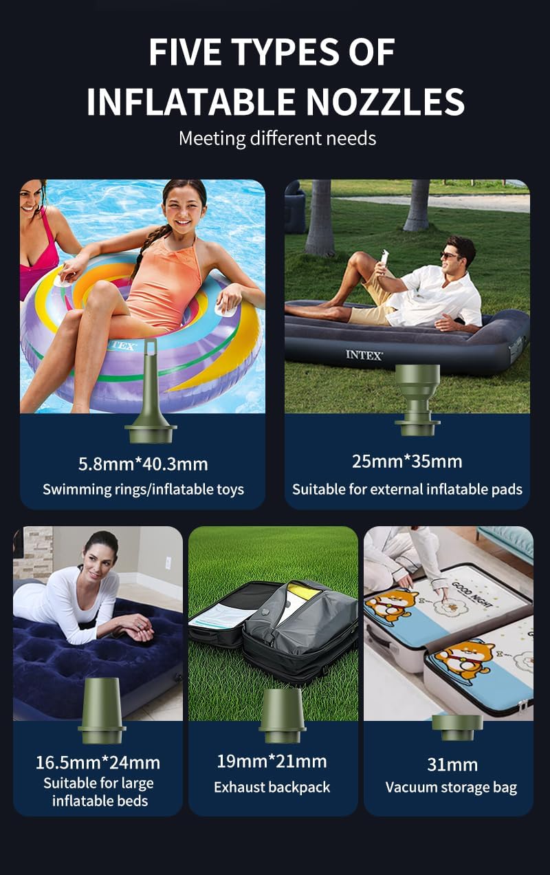 Portable Air Pump for Inflatables, Ultra-Mini Air Mattress Pump 4X with 2400mAh Battery & Camping Light,Wireless Air Pump for Outdoor Travel Swimming Rings, Pool Floats, Sleeping Pads,Vacuum Bag