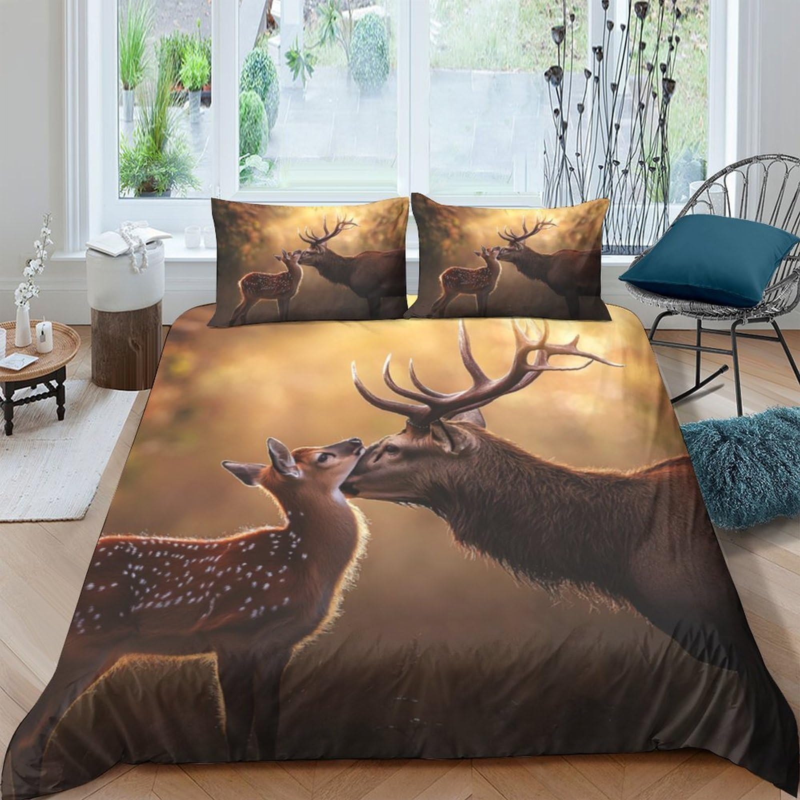 Ctjqhvkz Style-9 3D Printed Deer Forest Fitted Sheet Microfiber Soft Breathable Sunset Elk Mattress Cover Bedroom Decor Single（135X200cm）