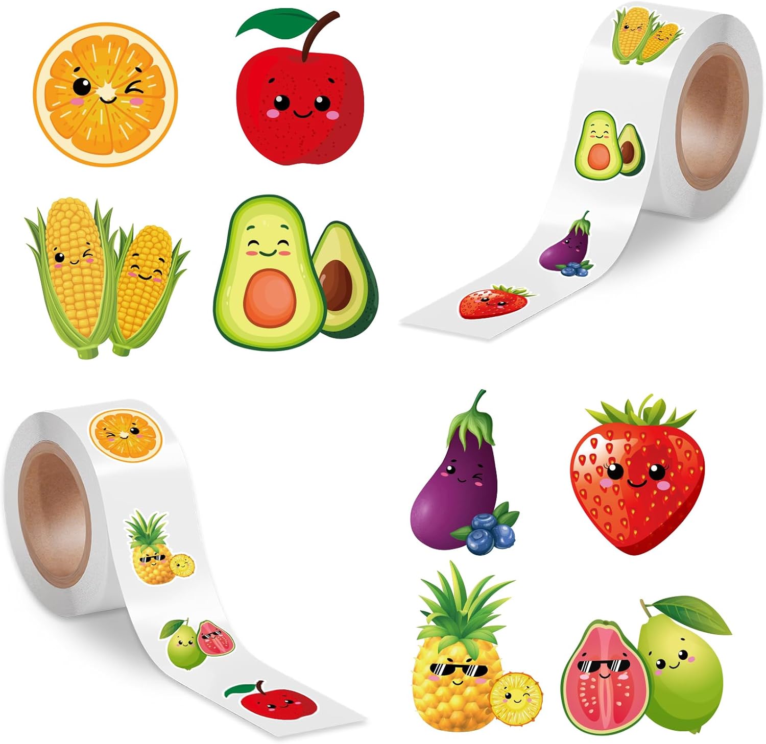500 Pcs Cartoon Fruit Sticker Rolls, Cute Vegetable Face Designs Self-Adhesive Decals, Stickers Roll for Kids Party Favor, Teacher Reward School Classroom Party Supplies Gifts