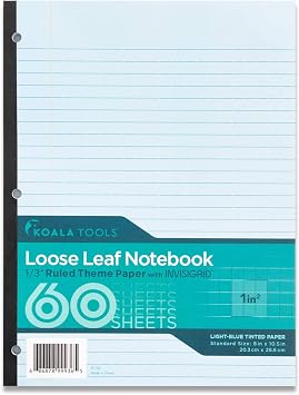 | Loose Leaf Notebook 1/3" Wide Ruled Theme Paper with Invisigrid - Light-Blue Tinted Paper - 60 Sheets - 10.5" x 8" - 3 Hole Punched, Tape Bound Notebook