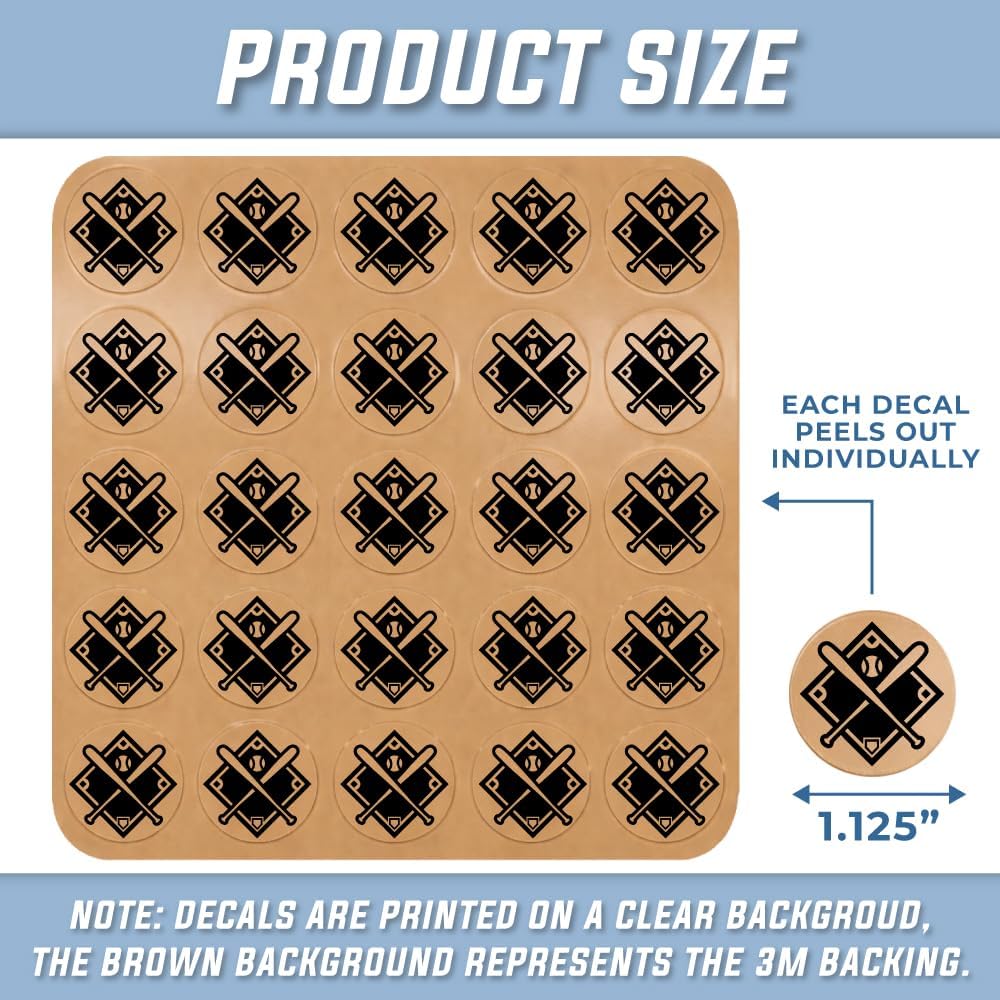 Bats Ball Award Decals (Black on Clear) - 1 1/8" Circle - 100 Total Stickers (4 Sheets of 25) – 20 Mil Heavy-Duty Vinyl with Strong 3M Adhesive - Pro-Grade Punch-Out Stickers - Baseball - Softball