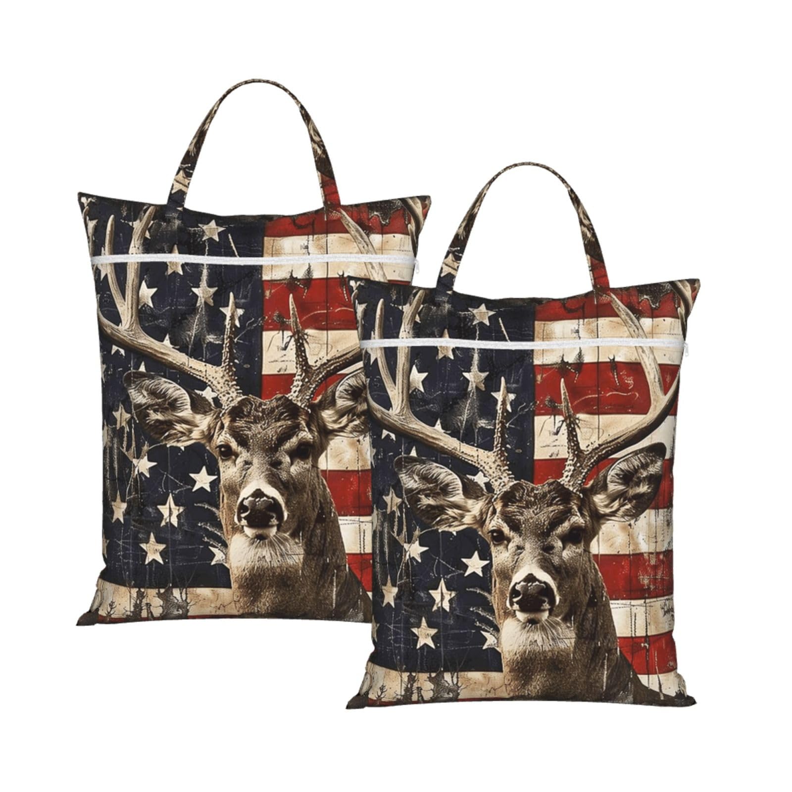 Large Travel Laundry Bags,Americana Flag Deer Print with Handle Foldable Laundry Bag for Holidays Gym Swimming and Family Trips, 2Pcs
