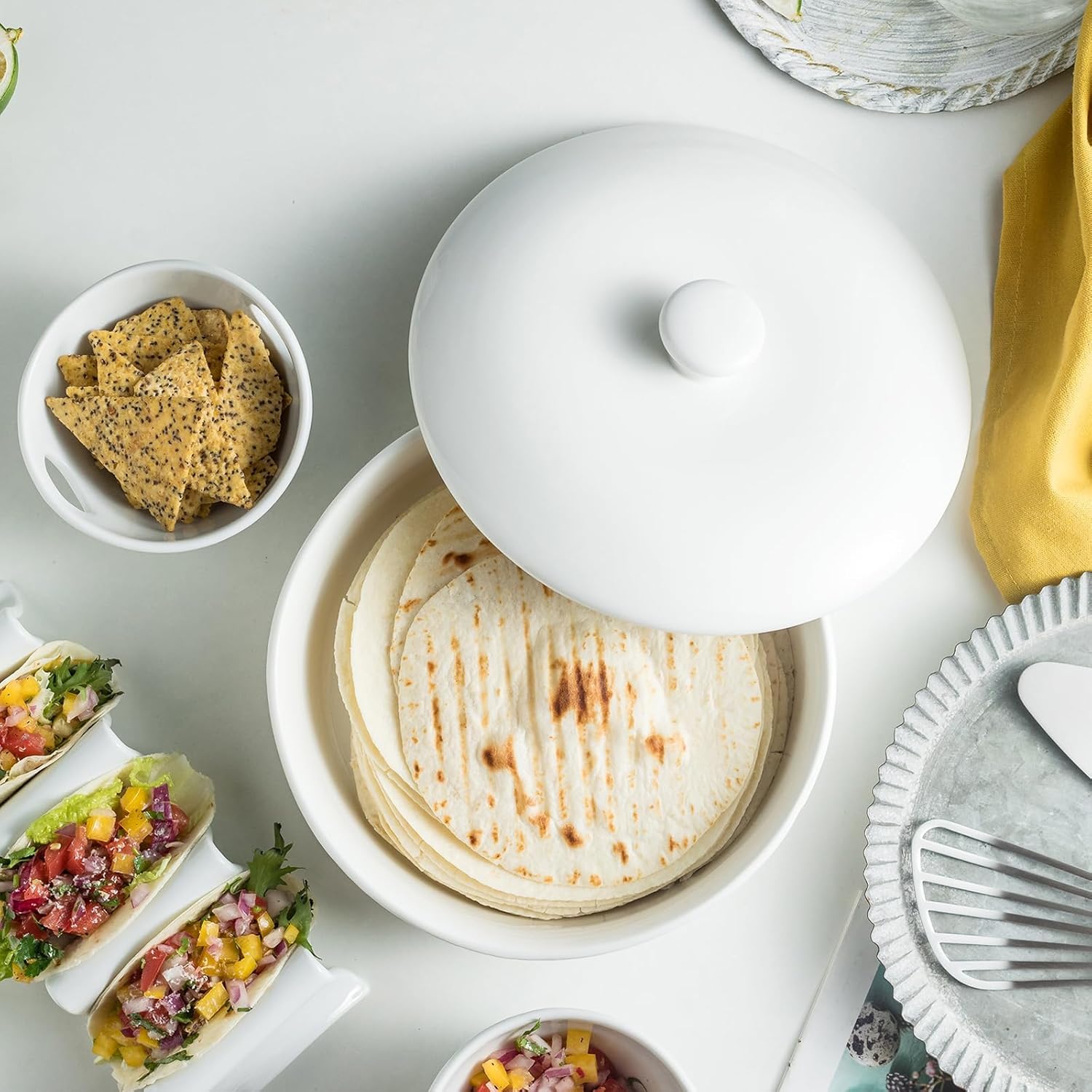 8.8 Inch Tortilla Warmer, Embossed Tortilla Holder Servers with Lid, Taco Holder, Porcelain Taco Tray with Handles, Perfect for Keeping Tacos in Place, Taco Shell Hold